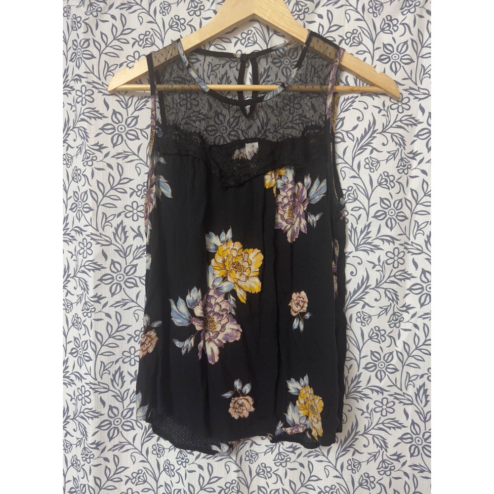 No Boundaries Women Black Floral Lace Mesh Yoke Sleeveless Tank Top Large 11-13